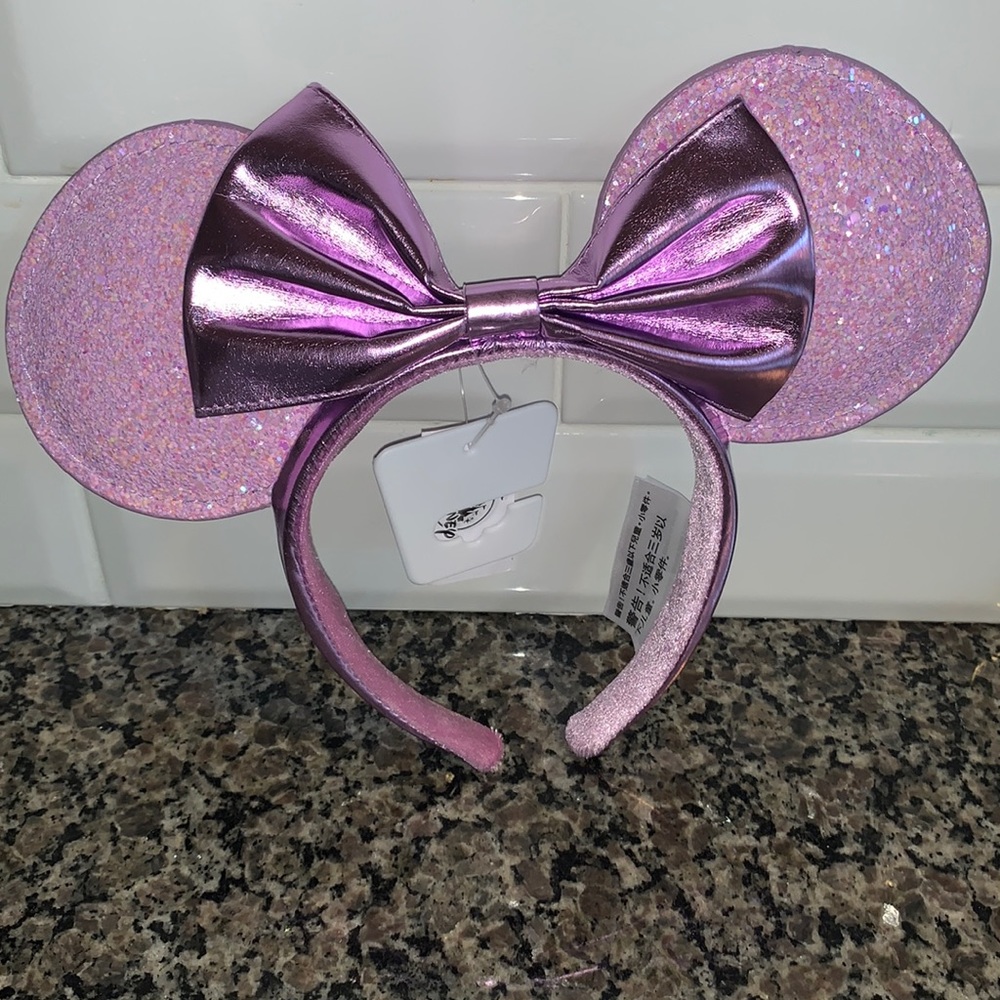 Disney Pink Glitter Minnie Ears Headband with Metallic Bow